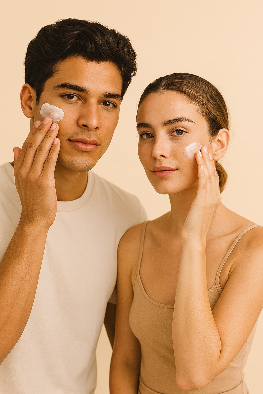 homme et femme se mettent de la creme sur le visage